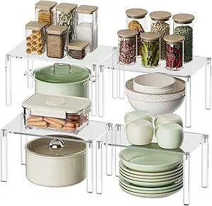 YUNEASELF Clear Cabinet Organizer: Acrylic Shelf Riser Set of 4 for Kitchen Pantry Organizers and Storage - Countertop Spice Rack for Cabinet - Stackable Display Shelf Decor for Gift