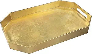 MAONAME Gold Decorative Tray with Handles, Foil Serving Tray for Ottoman, Octagonal Coffee Table Trays for Living Room, Bathroom, 16.5" L x 12.2" W x 1.6" H