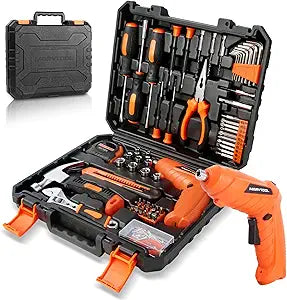 140 Piece Mechanic Tool Set, Portable Tool Box with Cordless Drill, Home Repair Hand Tool Kit, General Household Drill Set, Toolbox with Storage Case for Homeowner, DIY, Handyman, Women, Men