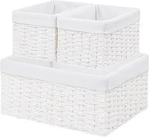 Vagusicc Wicker Basket, Set of 3 Hand-woven Storage Baskets for Organizing, Decorative Rectangle Wicker Storage Basket Bins with Handles, Small Toilet Paper Storage Baskets for Shelves & Decor, White