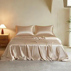 THXSILK Luxury Queen Silk Duvet Cover Set 3 Pieces, Extra Soft, Breathable & Cooling Bedding Set, Machine Washable & Durable, 1 Duvet Cover & 2 Pillowcases with Zipper Closure(Champagne)