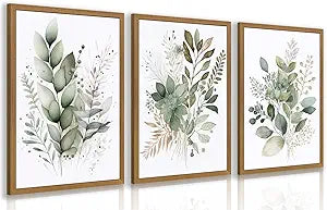 HLXRAE Watercolor Botanical Wall Art Set of 3, Neutral Sage Green Bathroom Wall Decor, Modern Floral Canvas Paintings, Minimalist Farmhouse Poster Prints for Bedroom Living Room Wood Framed 16x24 Inch