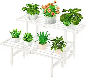 2 Tier Metal Plant Stand Outdoor Indoor, Separated Tiered Outdoor Folding Plant Shelf, Ladder Plant Stands Display Rack for Garden Window, 8.3/15.4'' Tall (White)