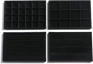 Frebeauty Stackable Velvet Jewelry Organizer Trays for Drawers Inserts Jewelry Storage Tray Display Case Stud Earrings Bracelets Necklace Rings Accessories Trays for Women Girl(Set of 4)(Black).