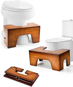 StrongTek Foldable Bamboo Squatting Potty Stool - Adjustable 7" 9" Height Toilet Stool for Adults - Collapsible Poop Stool for Posture - Anti-Slip Bathroom Step Stool - Reddish Brown