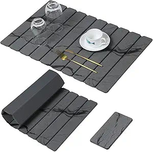 Large Stone Dish Drying Mat for Kitchen Counter, Thin & Light Quick Dry Stone Dishes Mats, Foldable Water Absorbing Diatomite Drying Pad for Kitchen Bathroom Sink Countertop (Gray Ink 24"16" & 8"x4")