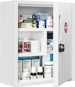 POKIPO Wall Mount Locking Medicine Cabinet, Medical Cabinet with All-Metal Digit Lock, Medicine Cabinet with Lock for Bathroom, Lockable First Aid Secure Box, Childproof Password Lock Medicine Box