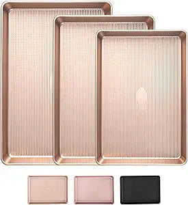 Sakerplus Nonstick Baking Sheet Pan Set of 3, Heavy Duty Cookie Sheets for Oven with Stripe Texture Pattern, 0.6mm Thick Quarter/Half/Jelly Roll Pans, Rust-Resistant & Easy Clean (Champagne Gold)