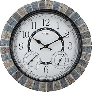 OCEST 18 Inch Large Outdoor Clock Waterproof Thermometer Hygrometer Combo Night Light Illuminated Wall Clocks Battery Operated Silent Non-Ticking Ideal Patio Clock for Garden Pool Porch Yard Garage
