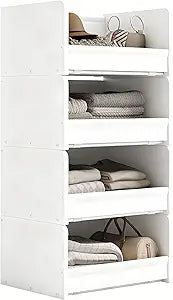 FOUCSSOMEI Closet Organizers and Storage, Stackable Closet Organizer, Wooden Frame with Polyester Fabric Shelves, Large Capacity Closet Shelf Organizer for Folded Clothes, White,Patent Design