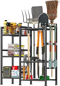 keomaisyto Garden Tool Organizer With Basket - 3 Tier Yard Storage Rack for Garage Organization, Heavy Duty Holder With 35 Long-Handled Slots for Shed, Yard, Garage