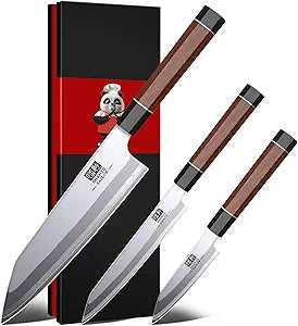 SHAN ZU 3PCS Japanese Knife Set, 9 Layers 10Cr15MoV High Carbon Steel Professional Kitchen Knives, Sharp Chef Knife Set with Ergonomic Red Sandalwood Handle, Sashimi Cooking & Cutting Knives Set