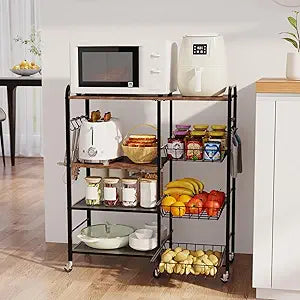 HapiRm Rolling Kitchen Microwave Cart - 4 Tier Microwave Table Stand with Pull-Out Baskets, Coffee Bar Baker's Rack with Wheels Rolling Storage Cart Organizer Shelf for Living Room Office, Balcony