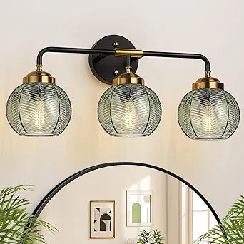 MOKATNG Bathroom Light Fixtures, 3-Light Green Vanity Lights with Unique Leaf Texture Glass Shade, Modern Matte Black and Gold Bathroom Wall Lamp for Mirror Hallway Cabinet Living Room