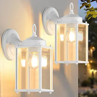 MATAMEYE Large Outdoor Wall Lantern, Exterior Waterproof Wall Sconce Light Fixtures, White Front Door Lighting with Clear Beveled Glass, Anti-Rust E26 Socket Porch Lamp, 2 Pack