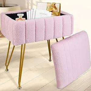 Vanity Stool with Storage, Faux Fur Makeup Stool with Metal Legs, Multifunctional Furry Footrest Ottoman Chair for Living Room Bedroom,Pink