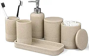 LIN CHUAN 6-Piece Bathroom Accessories Set, Bathroom Accessory Set with Soap Dispenser, Toothbrush Holder Set, Vanity Tray, Tumbler & 2 Cotton Swab Jars, Modern Stylish Bathroom Organizer(Beige)
