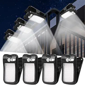 Clip on solar lights outdoor with motion sensor, Solar Fence Lights with 60 LEDs(6000K), 1500mAh Battery with Dual Charging, IP65 waterproof Security light for Chain Link, Gutter, Camping (4 Pack)