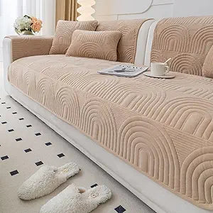 vctops Velvet Plush Couch Sofa Cover Geometric Quilted Sectional Couch Covers Non Slip Fluffy Soft Sofa Slipcover for Dogs, Children, Pets Furniture Protector (Camel,28"x82")