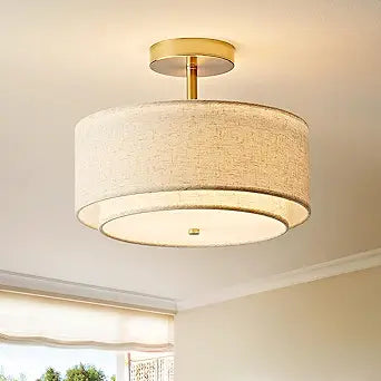 Double Drum Semi Flush Mount Ceiling Light, 3-Light Fabric Linen Shade Design Farmhouse 12.6'' Gold Light Fixture for Living Room, Bedroom, Kitchen, Dining Room, Entryway, Hallway