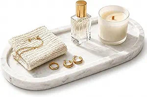 Natural Marble Vanity Tray Italy Oval Stone Trays for Candles Perfume, Decorative Jewelry Dish for Small Items, Countertop Storage Organizer for Home Bathroom Kitchen Matte Surface White (BH101)