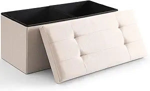 Storage Ottoman Bench Foldable Seat Footrest End of Bed Ottoman with Flipping Lid for Living Room, 75L, 30 inches Linen Fabric Beige