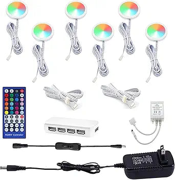 AIBOO Color Changing Christmas Xmas Decor Under Cabinet LED Lighting IR Remote Control Multi Color Puck Lights for Kitchen Shelf Counter Furniture Holiday Lighting 6 Lights 18W RGBW RGB + White