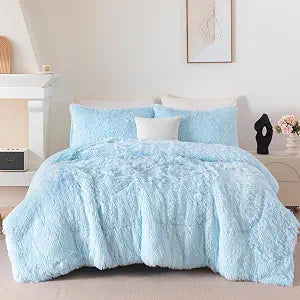 Light Blue Fluffy Girls Comforter Set Twin Size 3 Pieces Faux Fur Plush Shaggy Bedding Set for Teen Girls Soft Warm Furry Velvet Kids Bed Sets (Light Blue, Twin)