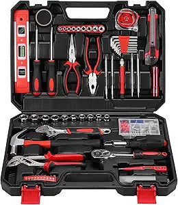 120 Piece Basic Tool Set General Household Hand Kit with Plastic Toolbox Storage Case Red & Black for Men &Women