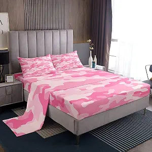 Homewish Pink Camo Sheet Set Full Size,Modern Fashion Camouflage Bedding Set 4pcs for Kids Boys Girls Teens Bedroom Decor Army Abstract Camo Bed Sheet Rose Pink Soft Fitted + Flat Sheet,2 Pillowcases