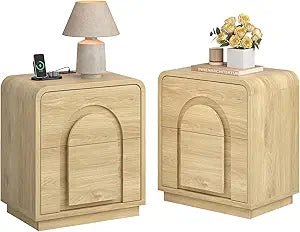 Bestier Night Stand Set 2, 23.6" Farmhouse Nightstand with Charger Station, Mid Century Modern Bedside Table with 2 Drawers, Arch Doors & Rounded Nightstand, End Tables for Bedroom, Natural Oak