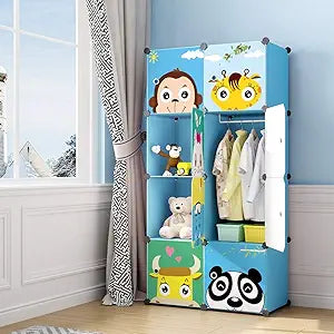 MAGINELS Children Wardrobe Kid Dresser Cute Baby Portable Closet Bedroom Armoire Clothes Hanging Storage Rack Cube Organizer(Blue, 6 Cube & 1 Rod)