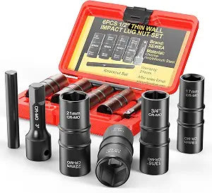 XEWEA 6PCS Thin Wall Lug Nut Impact Socket Set, 1/2" Drive Flip Socket
