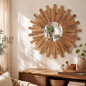 Vercraft 24" Rustic Wood Sunburst Wall Mirror, Farmhouse Wooden Wall Decor Mirror for Entryway, Living Room, Boho Farmhouse Home Decor(Wood Color)
