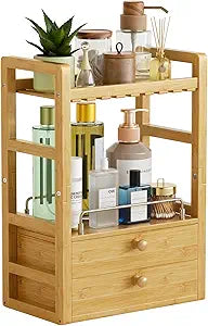 AmazerBath Bamboo Bathroom Countertop Organizer, 2-Tier Makeup Organizer with 2 Drawers, Vanity Organizer Storage Coffee Matcha Station, Compact Shelf for Bathroom Kitchen Office