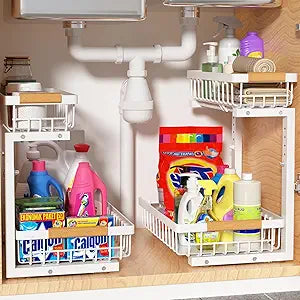 Liuoud Under Sink Organizer 2 Pack, 2 Tier Slide Out Large Capacity Height Adjustable Under Sink Organizers and Storage for Kitchen Bathroom Cabinet, White