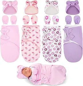 Ramede 4 Sets Preemie Swaddle Blanket with Hats and Mittens, Pure Cotton Breathable Newborn Swaddle Baby Wraps, Soft Adjustable for Preemie Girls Boys, Newborn Gift(Sweet Style)