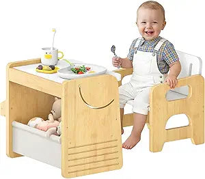 HOOBRO Kids Table and Chair Set, Bamboo Toddler Table and Chair Set, Weaning Baby Table Chair Set for Age 1-3, Two-Sided Flip Tabletop, Kids Funiture for Reading Eating Playing Natural YW30KT01