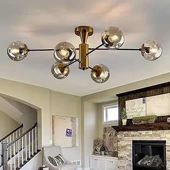 hesoge Modern Semi Flush Mount Ceiling Light Fixture 6-Light Sputnik Gold Chandelier with Glass Globe Mid Century Ceiling Lighting for Dinning Room Farmhouse Kitchen Bedroom Living Room