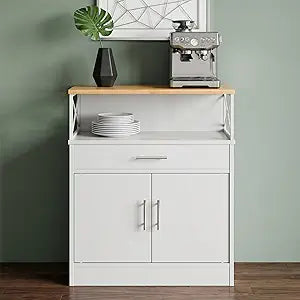 SUNLEI Farmhouse Buffet Sideboard with 2 Doors and 1 Drawer, Open Storage & Adjustable Shelf, Coffee Bar Cabinet for Kitchen/Laundry/Living Room, White