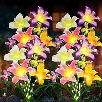 Solar Lights Outdoor, Gift for Women Mom Grandma, 4 Pack with 16 Solar Lily Flower Lights and Butterfly Decor, Solar Flower Lights Waterproof, Outside Decor Stake Light for Landscape Yard Patio Lawn