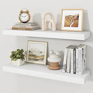 White Floating Shelves for Wall, 9.3" Deep Wall Mounted Wood Shelves for Bathroom, Bedroom, Living Room, Kitchen, Hanging Shelf for Books/Storage/Room Decor (White 30")