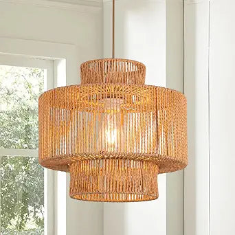 Rattan Pendant Light Fixture Boho Hanging Light Woven Rattan Ceiling Light Adjustable Basket Light Fixture for Kitchen Island Hallway Bedroom Dinning Table Nursery Light