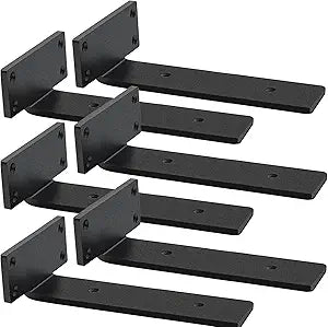 Shelf Brackets Heavy Duty Industrial L Shelf Bracket - 0.2 Inch Thick Premium Solid Steel Shelf Supports, Black Rustic Wall Brackets for Shelves - 10 Inch Floating Shelves Hardware (6Pcs)