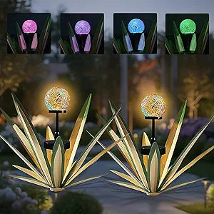 2Pack Metal Agave Rustic Sculpture Yard Decor with Solar Mosaic Light, 21Inches Height Hand Painted Metal Tequila Garden Statue Green
