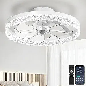 Ceiling Fans with Lights and Remote, Low Profile Ceiling Fan, Morden Flush Mount LED Fan Light, 3000K-6500K Dimmable for Bedroom, Kitchen, Living Room, Srystal, White