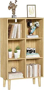 6 Cube Bookcase, Wooden Book Shelf Cube Storage Organizer with Legs, 3 Tier Bookshelf Freestanding Open Shelves for Bedroom, Living Room and Home Office (Oak, 6 Cube Vertical)