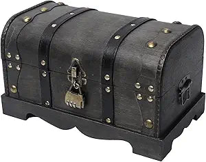 SwallowLiving Vintage Wooden Treasure Chest Box with Lock  12.2"x7.1"x7.1" Decorative Storage Box for Keepsakes, Jewelry, Gifts, Pirate Chest Style with Combination Padlock,Black