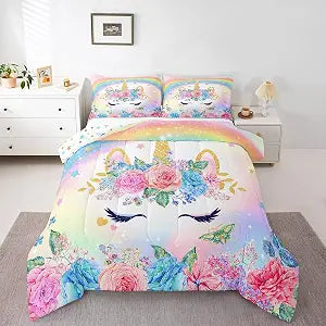 Feelyou Twin Size Unicorn Comforter Set for Kids Girls Bedroom Decorations Teens 3D Colorful Unicorn Rainbow Bedding Comforter Set Ultra Soft and Fluffy Flower Comforter Sets