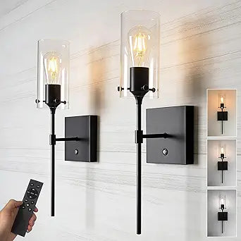 Wireless Wall Sconces with Remote Control, Black Battery Operated Wall Sconces Set of 2, Rechargeable Dimmable Wall Light for Bedroom Living Room Bathroom Hallway Entryway Stairwell,3 Colors